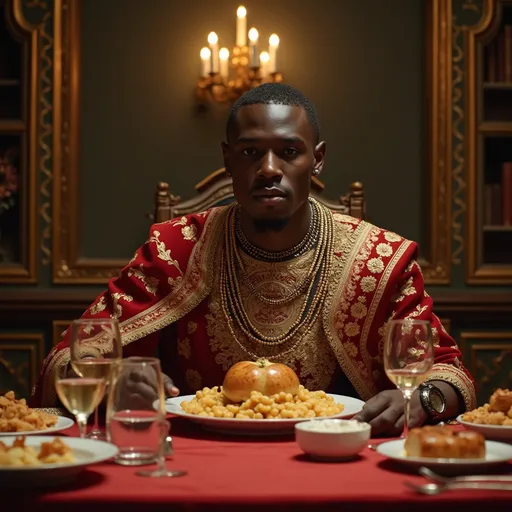 Prompt: generate ai royal black men wonen teens  people sitting at a royale table eating a royal feast
