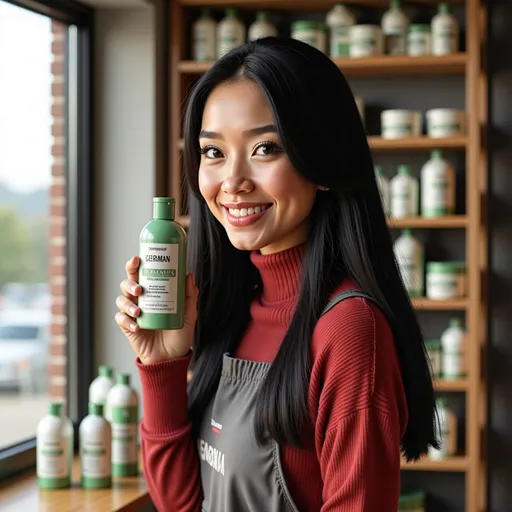 Prompt: @fbBm10YFEJ4QBdprW4NQ is selling lice shampoo from Germany in Ulaanbaatar. focus on shampoo. Product she holds has german lice shampoo information/logo. she  holding a shampoo product with grass green bottle and wearing the same color sweater. The bottle is 50 cm tall. include logo "german" the product that she is holding