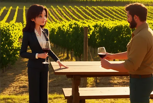 Prompt: A confident businesswoman, represented by @UqA5bvVrIdmGyPZwsK7Z, stands at a rustic wooden bench, elegantly swirling a glass of deep red wine. She is engaged in conversation with  @tGsk0cHnKofg7SZlLOaJ who is pouring her a wine. The vineyard stretches out behind them, with lush green vines basking in the warm afternoon sun, casting dappled shadows on the ground. The atmosphere is relaxed yet professional, with the sun setting in the background, creating a golden hue that enhances the rich colors of the wine. The camera captures the moment from a mid-range angle, focusing on their expressions as they share insights about the vintage, with soft light illuminating their faces and the glint of the wine glass. @tGsk0cHnKofg7SZlLOaJ 