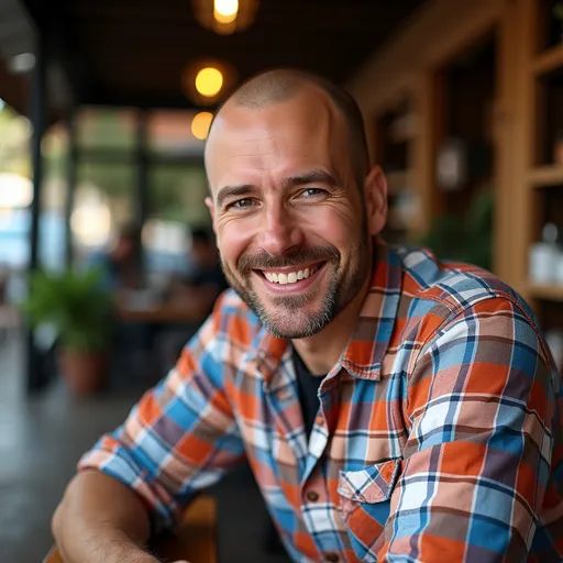 Prompt: With a relaxed expression, a man with a shaved head and a subtle smile gazes directly at the camera, highlighting his friendly demeanor. He is wearing a colorful plaid shirt with orange, blue, and white tones that adds to the warmth of his appearance. The background suggests an outdoor setting, likely a casual dining area or coffee shop, with soft lighting and wooden accents that create a cozy atmosphere. The composition focuses on his upper body and face, pulling the viewer into a moment of connection. The overall mood is inviting and approachable, suggesting a shared moment paused in time.