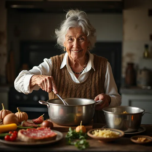 Prompt: 70 year old woman cooking