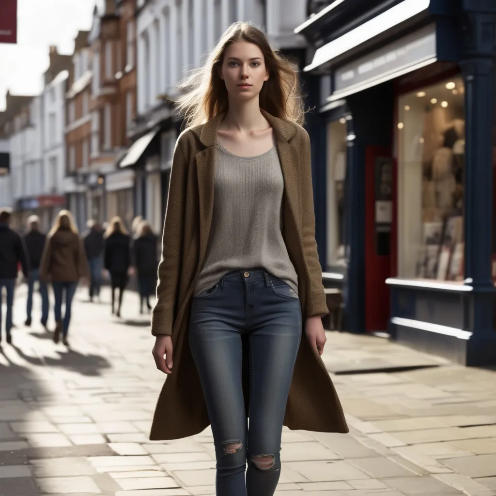 Prompt: Tall young woman walking down the high street, detailed clothing, realistic, natural lighting