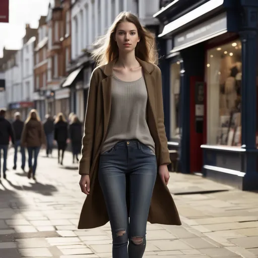 Prompt: Tall young woman walking down the high street, detailed clothing, realistic, natural lighting