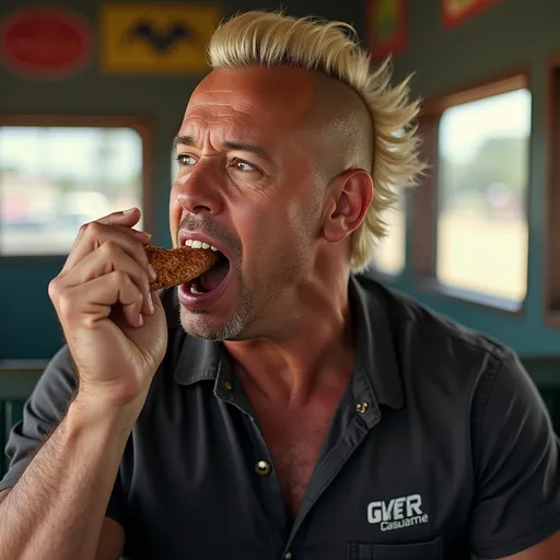 Prompt: Vin Diesel with a mullet pumping diesel and eating KFC at the same time