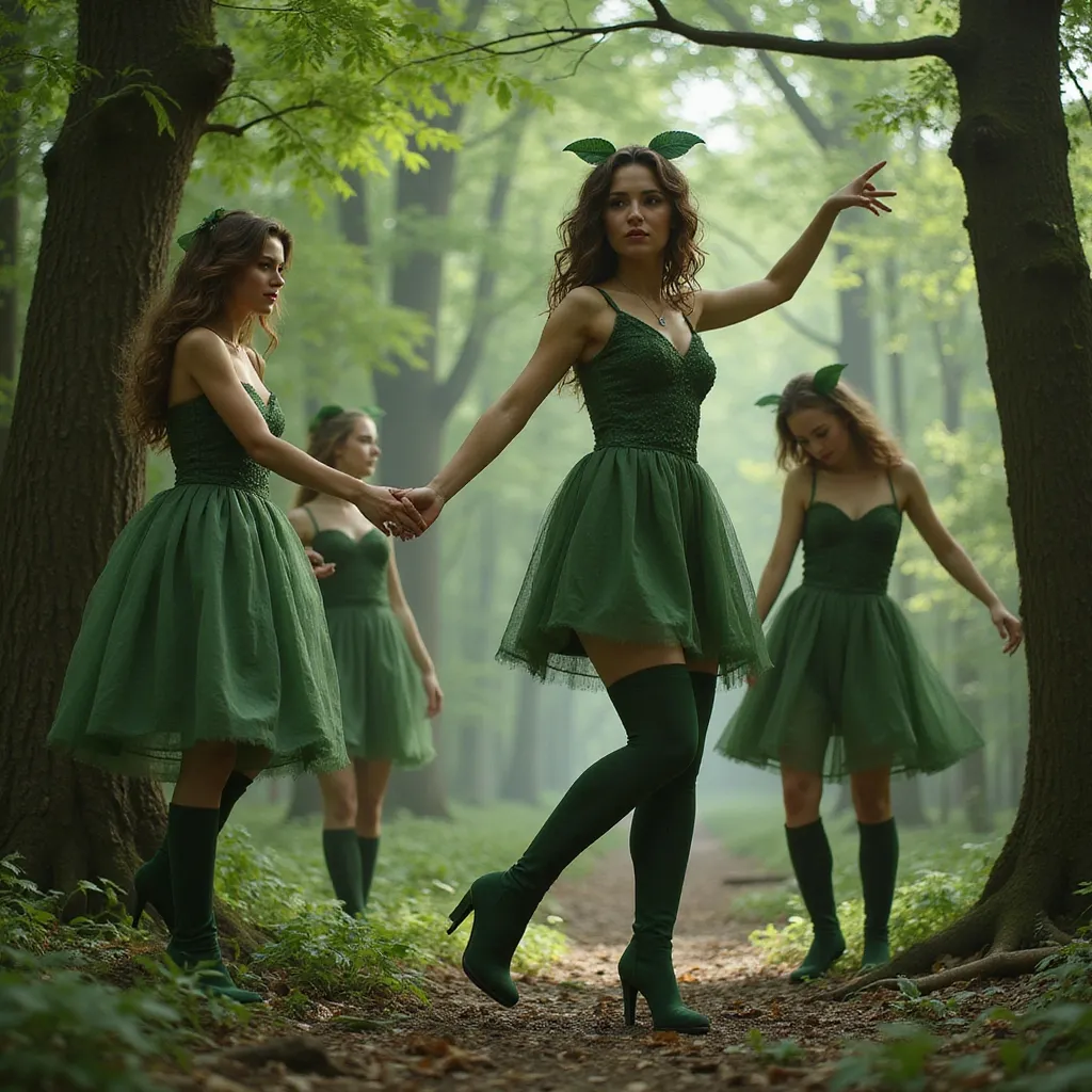Prompt: forest dryad in short green dress, green stocking and high heel boots dancing with sisters among the trees