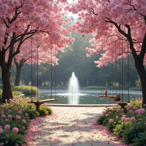 Prompt: a park that has cherry blossoms with swings and a fountain and there would be Palos Verdes Blue butterflies 