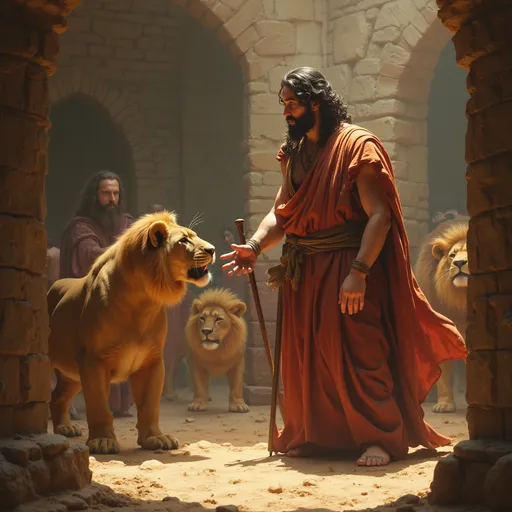 Prompt: Daniel in the lions den. According to the Bible. Show the lions friendly with him, God protecting Daniel.