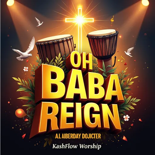 Prompt: Create a vibrant and energetic 3D album cover for a contemporary gospel Afrobeat song titled 'Oh Baba You Reign'. The design should feature a joyful African praise atmosphere with bright colors like gold, orange, and royal blue. Include dynamic musical elements such as drums, talking drums, trumpets, or abstract sound waves. Add subtle Christian symbols like a glowing cross, heavenly light rays, or doves in the background. The title 'Oh Baba You Reign' should be bold and styled in a modern Afrocentric font, with 'KashFlow Worship' as the artist name beneath it. The overall look should blend traditional African patterns with modern design, evoking a sense of worship, celebration, and divine royalty."

