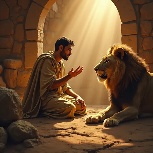 Prompt: Daniel in the lions den. According to the Bible. Show the lions friendly with him, God protecting Daniel.
