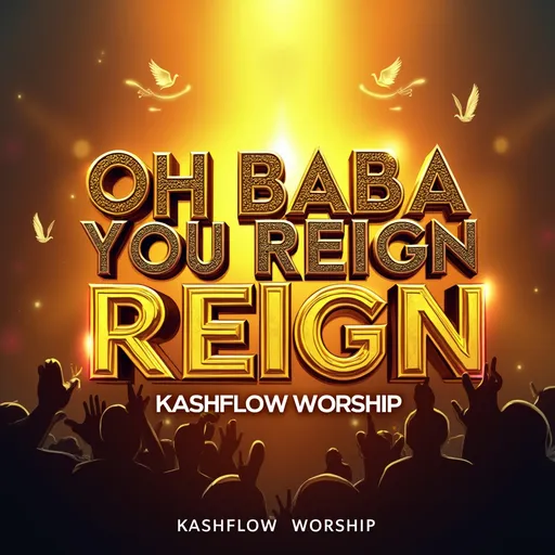 Prompt: Create a vibrant and energetic 3Dalbum cover for a contemporary gospel Afrobeat song titled 'Oh Baba You Reign'. The design should feature a joyful African praise atmosphere with bright colors like gold, orange, and royal blue. Include dynamic musical elements such as drums, talking drums, trumpets, or abstract sound waves. Add subtle Christian symbols like a glowing cross, heavenly light rays, or doves in the background. The title 'Oh Baba You Reign' should be bold and styled in a modern Afrocentric font, with 'KashFlow Worship' as the artist name beneath it. The overall look should blend traditional African patterns with modern design, evoking a sense of worship, celebration, and divine royalty."

