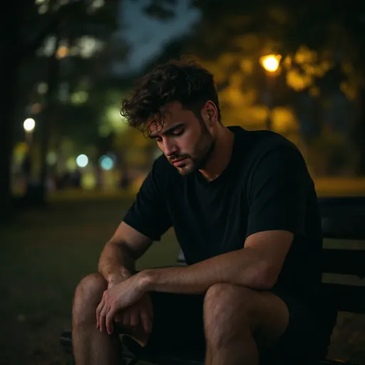 Prompt: A man wearing a black t shirt and a short sitting at a park on a night time sadly