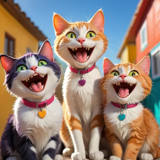 Prompt: happy cats doing human things and a happy smile, vibrant colors, sunny