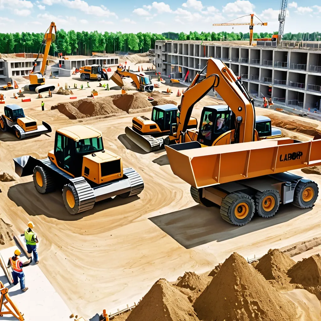 Prompt: Construction site with heavy equipment, labor working, live construction