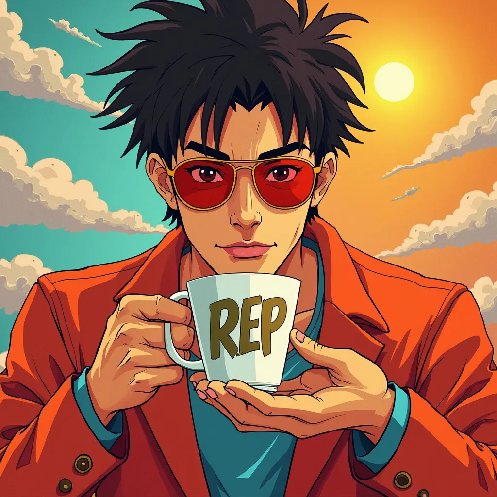 Prompt: Create an image of Aizen holding a cup  nd on the cup Written is 'REP' in a colourful background add sun in background as well
