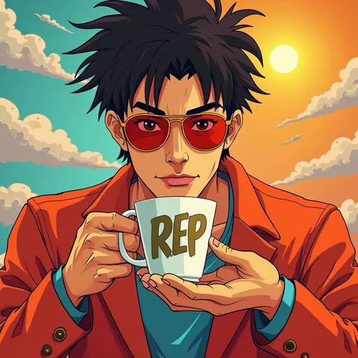 Prompt: Create an image of Aizen holding a cup  nd on the cup Written is 'REP' in a colourful background add sun in background as well
