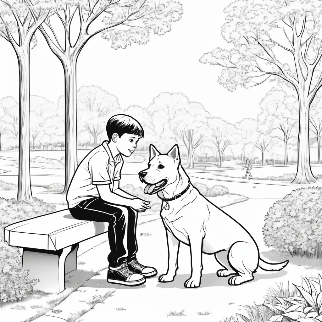 Prompt: B&W coloring book page, boy with his dog in the park, line art, solid white background