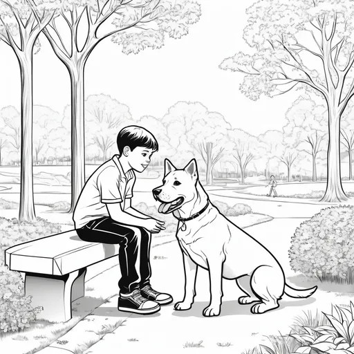 Prompt: B&W coloring book page, boy with his dog in the park, line art, solid white background