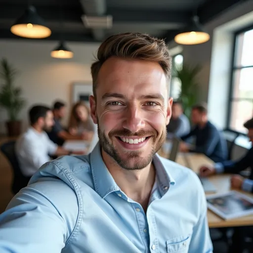 Prompt: In a modern office environment, a man with a well-groomed beard and short hair captures a confident selfie, exuding a friendly demeanor with a slight smile. He wears a light blue, button-up shirt that complements his casual yet professional appearance. Behind him, colleagues are engaged in their work at desks equipped with computers, creating a bustling atmosphere that hints at productivity. The office is well-lit with overhead lighting, and large windows allow natural light to filter through, adding a warm and inviting touch to the scene. Overall, the image conveys a sense of camaraderie and a productive work culture.