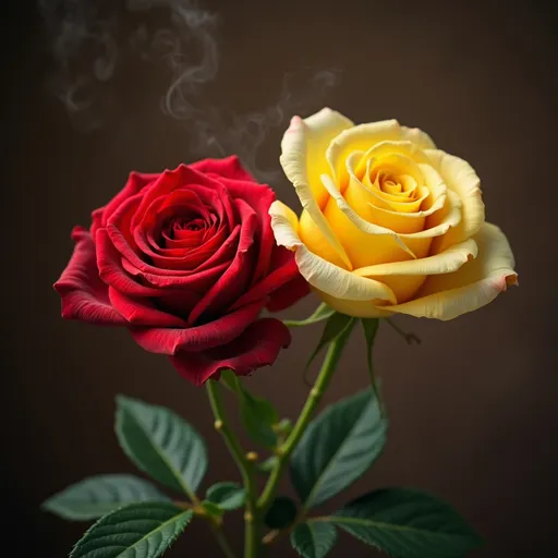 Prompt: Visualize two elegant roses, their vibrant petals glistening with the morning dew, each perched on elongated, graceful stems that curl gently as they reach towards the sky. The petals bloom in rich crimson and soft blush, contrasting beautifully against the lush green leaves. A warm, golden sunlight filters through a hazy atmosphere, casting a soft glow that enhances their romantic allure. Delicate tendrils of mist weave around the flowers, suggesting an early spring morning, full of promise and new beginnings. Perhaps a light breeze sends subtle ripples through the surrounding foliage, giving life to the scene. The composition feels dreamy and ethereal, rendered in a soft focus watercolor style that captures the fleeting beauty of nature’s creations.