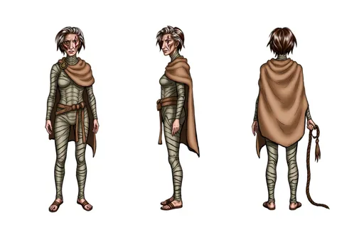 Prompt: A full-body character sheet of digital illustration older female warrior 81ea20cc with messy brown hair, facial scars, tan cloak, bandaged body, sandals, holding whip displayed in three clear views on a clean white background, arranged in a three-column grid pattern with equal spacing and importance. Left panel: front view showing complete anatomical details and outfit. Center panel: perfect 90-degree side view (profile) clearly showing the character's side silhouette, facial profile, and outfit from a direct lateral perspective. Right panel: back view revealing posterior details Each view maintains consistent scale, lighting, and full-body presentation from head to toe. All three perspectives must be equally detailed and given equal prominence in the composition.