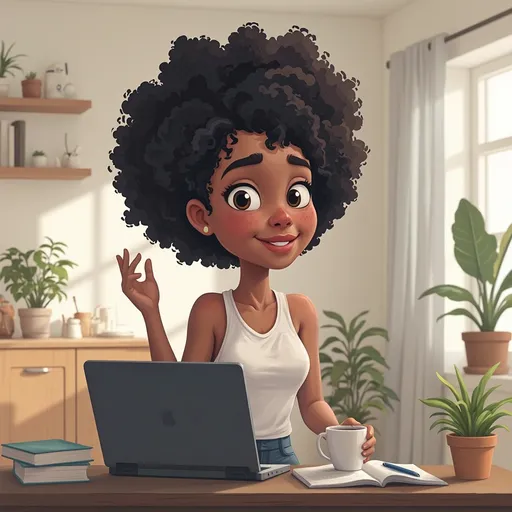 Prompt: black chubby cute afro caribean sitting doing digital marketing at home with confusion going on around her but she happy has she winningmake her cartoonish

