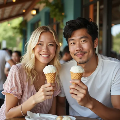 Prompt: a blonde woman and an Asiatic man eating ice cream


