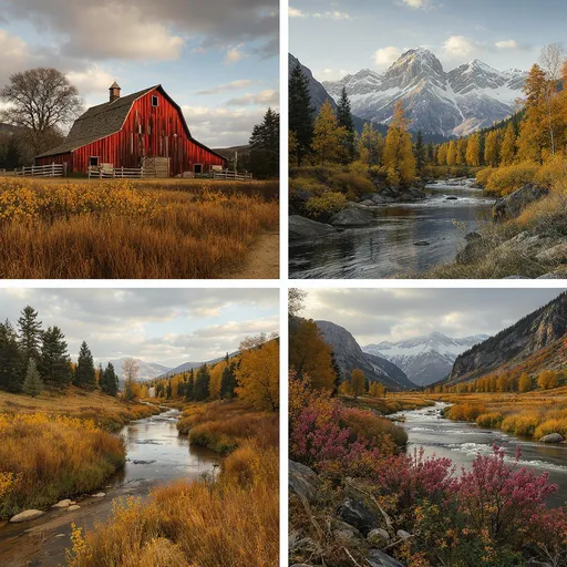 Prompt: Country music scenery like barn  mountain rivers and waterfals to go along with a song title Old Dusty Guitar