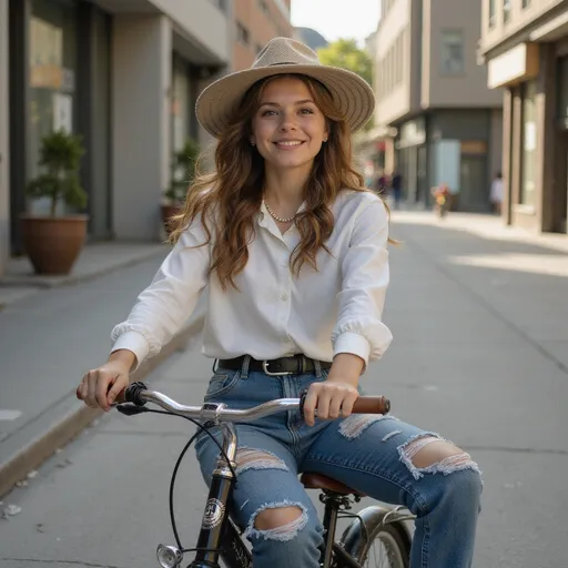 Prompt: a beautiful girl sitting on a bicycle