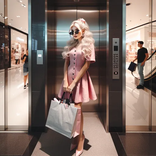 Prompt: i want a platnium blonde girl, wearing a pretty in pink inspired dress, holding a shopping bag with alot of stuffing in it , in a mall setting , going up the elevator with the door just starting to close
 


