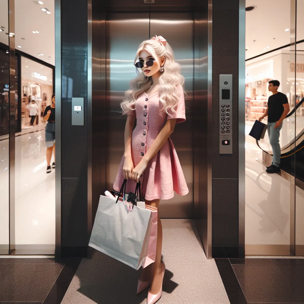 Prompt: i want a platnium blonde girl, wearing a pretty in pink inspired dress, holding a shopping bag with alot of stuffing in it , in a mall setting , going up the elevator with the door just starting to close
 


