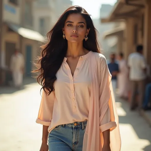 Prompt: A fashionable young South Asian woman in her mid-20s, with smooth caramel skin, long black wavy hair, a slightly round face, and a confident, poised expression. She is wearing a pastel kurti with blue jeans and a light chiffon dupatta draped stylishly, walking on a sunlit street in Lahore with traditional buildings in the background. She has gold hoop earrings and a subtle, natural makeup look. Soft natural lighting, realistic photography style, fashion influencer aesthetic, editorial quality