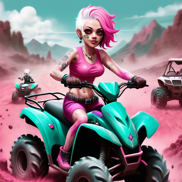 Prompt:  chihuahua woman  with Pink and white hair.  that also is Wearing a grunge pink turquoise clothes. Riding on a atv muddy background