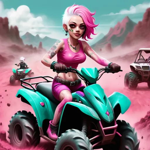 Prompt:  chihuahua woman  with Pink and white hair.  that also is Wearing a grunge pink turquoise clothes. Riding on a atv muddy background