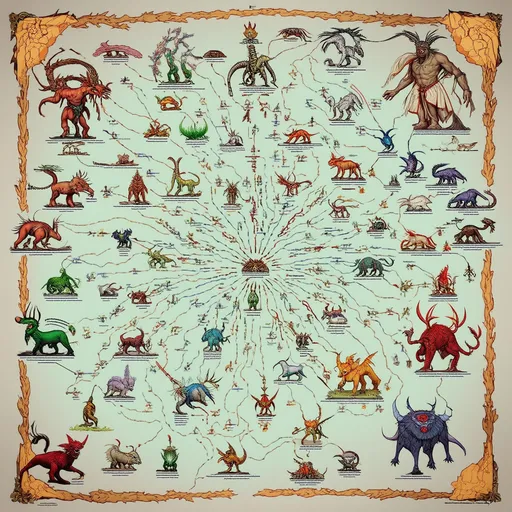 Prompt: Shamans map of alternate worlds with creatures and beings they would meet in both upper and lower worlds 