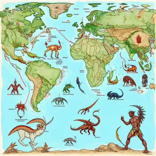 Prompt: Shamans map of alternate worlds with creatures and beings they would meet in both upper and lower worlds 