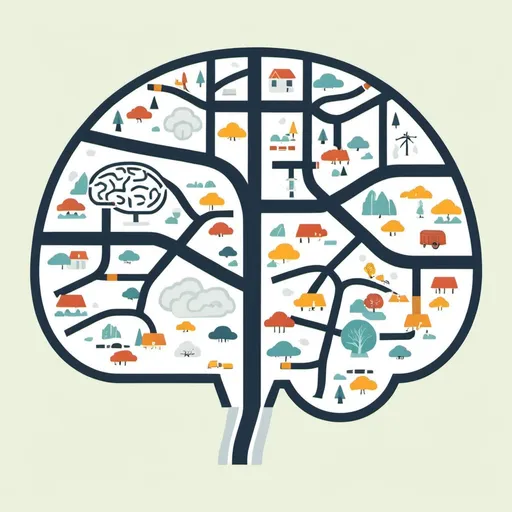 Prompt: Flat illustration  of a brain that depicts a map of roads that lead to the amygdala (lower center of the brain). Make the roads in the style of Google Maps.