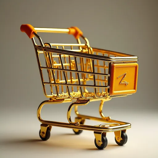 Prompt: A beautiful American shopping cart made of gold worn out in shape of square sized big with color gold