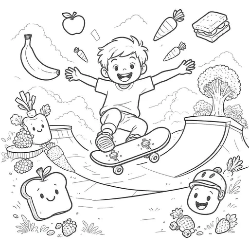 Prompt: Absolutely! Here’s a **ready-to-use prompt** you can copy and paste into **OpenAI's Image Creator (DALL·E)** or any AI image tool that accepts detailed prompts.

This prompt is designed to create **black and white, fun, printable colouring pages** for your magazine, themed around **skateboarding and healthy food**.

---

## **Colouring Page Prompts for AI Image Generation:**

### **Prompt 1: Skateboarder and Flying Food**

*"Create a fun, black and white line art drawing for kids to colour in. The scene shows a happy cartoon-style child doing a skateboard trick (like a kickflip), surrounded by healthy foods flying through the air: bananas, apples, carrots, broccoli, and sandwiches. The style should be playful, bold outlines, no shading, designed for colouring in."*

---

### **Prompt 2: Skatepark Snackland**

*"Draw a black and white line art colouring page of a skatepark where the ramps and obstacles are made from healthy food. For example: a half-pipe shaped like a banana, rails made of celery sticks, a giant watermelon bowl, and a broccoli tree in the background. Use a fun, cartoon style with bold outlines and no shading, so it’s easy for children to colour."*

---

### **Prompt 3: Silly Skate Snack Characters**

*"Create a black and white colouring page of funny cartoon food characters riding skateboards. For example, a smiling slice of toast doing an ollie, a happy apple doing a boardslide, and a banana wearing a helmet. Use a playful, child-friendly cartoon style with thick outlines and no shading."*

---

### **Prompt 4: Design Your Snack Skateboard**

*"Create a black and white colouring sheet with an empty skateboard template in the middle of the page. Around the skateboard, add small drawings of healthy food items (like berries, vegetables, and smoothies) and skate stickers. Leave blank spaces so kids can design their own skateboard graphics and colour it in."*

