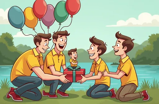 Prompt: BOSS BIRTHDAY! cartoon style. Balloons
4 guys wearing yellow polo shirts giving presents to their smaller boss. Loch in background