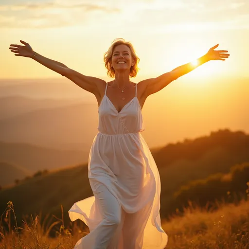 Prompt: 24-	A graceful woman in her late 50s standing on a sunlit hilltop at sunrise, arms wide open as if embracing a new day. She wears a flowing white dress that moves with the breeze, and the golden light illuminates her face, showing peace and confidence. The background is nature-focused with soft pastel tones.
25-	
26-	Overlay Text:
27-	“At 55+, I rise with the sun — stronger, wiser, and finally free to shine.”
