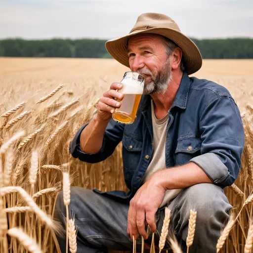 Prompt: farmer drinking a beer in a field of wheat