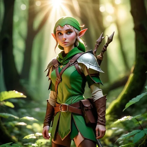 Prompt: Elf ranger in a mystical forest around sunlight