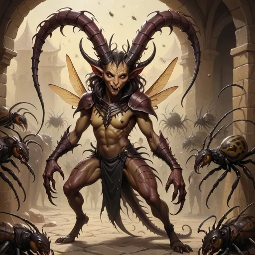 Prompt: Insect like tiefling barbaian with three sets of eyes and a huge scorpion tail. Suuronded by swarms of demonic wasps