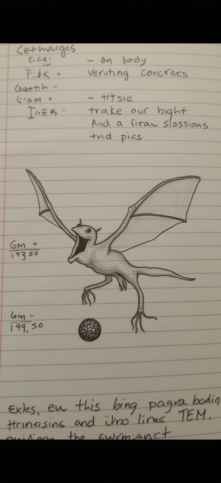 Prompt: Amidst lined notebook pages filled with handwritten physics equations and laws, a detailed sketch of a fantastical creature captures attention, blending the surreal with the scientific. The creature resembles a hybrid, with a wide, gaping mouth and slender, elongated limbs that appear almost bat-like, showcasing intricate details of its texture and form. Its body, possibly a mix of cephalopod and aerial features, hangs gracefully as if suspended in air, grounded by an unusually shaped lower appendage that resembles an orb. The surrounding notes reflect complex physical concepts, infusing the artwork with an academic tone, emphasizing the juxtaposition of imagination and learning. Overall, the scene evokes both curiosity and a sense of wonder, inviting viewers to ponder the intersection of art and science.