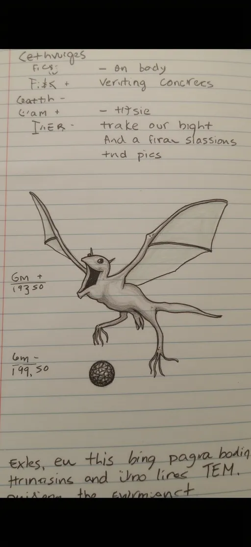 Prompt: Amidst lined notebook pages filled with handwritten physics equations and laws, a detailed sketch of a fantastical creature captures attention, blending the surreal with the scientific. The creature resembles a hybrid, with a wide, gaping mouth and slender, elongated limbs that appear almost bat-like, showcasing intricate details of its texture and form. Its body, possibly a mix of cephalopod and aerial features, hangs gracefully as if suspended in air, grounded by an unusually shaped lower appendage that resembles an orb. The surrounding notes reflect complex physical concepts, infusing the artwork with an academic tone, emphasizing the juxtaposition of imagination and learning. Overall, the scene evokes both curiosity and a sense of wonder, inviting viewers to ponder the intersection of art and science.