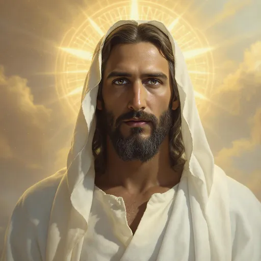 Prompt: Jesus Christ with soft lighting, peaceful expression, looking at the camera, fantasy cinematic style, in white robe, glowing background