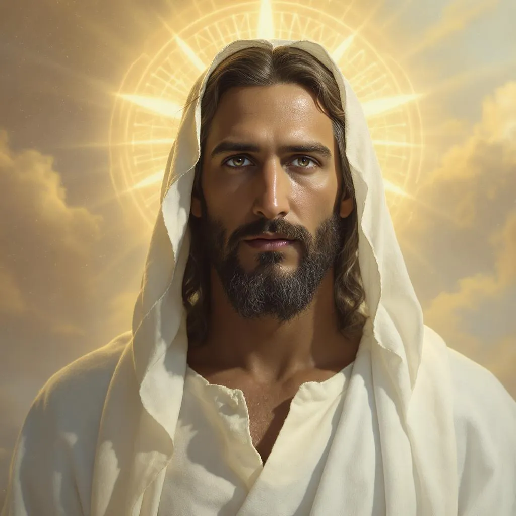 Prompt: Jesus Christ with soft lighting, peaceful expression, looking at the camera, fantasy cinematic style, in white robe, glowing background