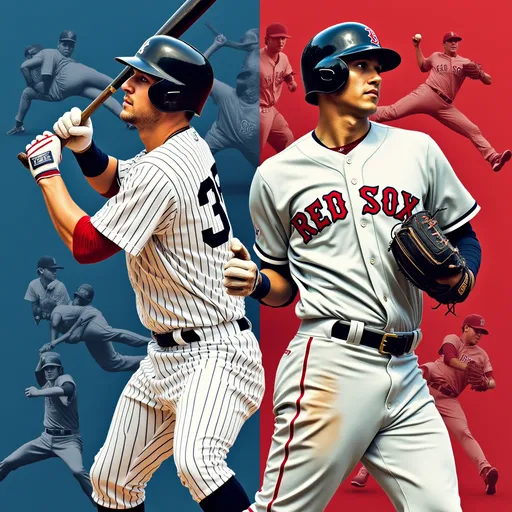 Prompt: A dynamic collage of iconic baseball players from the New York Yankees and Boston Red Sox captures the intensity of their historic rivalry. Each athlete is depicted in motion, showcasing a blend of powerful swings and precise pitches, with a vibrant split background featuring the teams' colors—blue and red—symbolizing their fierce competition. High-energy expressions highlight moments of triumph and determination, drawing attention to their distinct team uniforms. The image is stylized with a bright color palette and energetic lines that evoke the excitement of a live game, immersing the viewer in the captivating world of Major League Baseball.