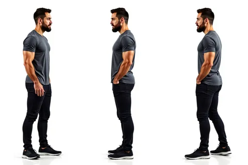 Prompt: A full-body character sheet of photorealistic portrait adult male da8d3153 with short dark hair, full beard, wearing a fitted gray t-shirt displayed in three clear views on a clean white background, arranged in a three-column grid pattern with equal spacing and importance. Left panel: front view showing complete anatomical details and outfit. Center panel: perfect 90-degree side view (profile) clearly showing the character's side silhouette, facial profile, and outfit from a direct lateral perspective. Right panel: back view revealing posterior details Each view maintains consistent scale, lighting, and full-body presentation from head to toe. All three perspectives must be equally detailed and given equal prominence in the composition.