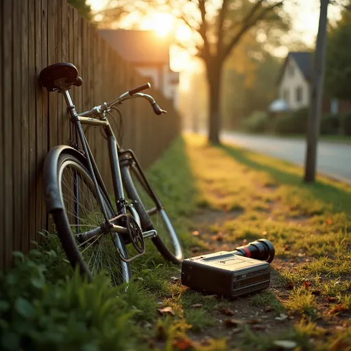 Prompt: A warm golden-hour suburban street scene with soft sunlight filtering through trees. A vintage battered camcorder lies on the grass near a worn wooden fence, next to a classic bicycle leaning against the fence. The image has nostalgic film grain, soft focus, and subtle lens flare. Cinematic, dreamy, intimate mood with muted earth tones and analog textures.